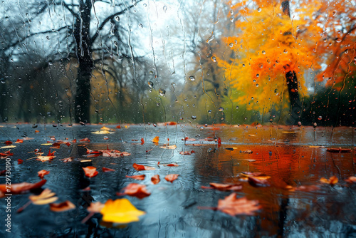 raindrops on the windows glass in focus with blurred autumn background. autumn leaves on rainy glass texture, bright natural backdrop. concept . AI generated