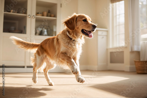 A golden retriever playing and jumping in the living room. pet concept, purebred dogs.