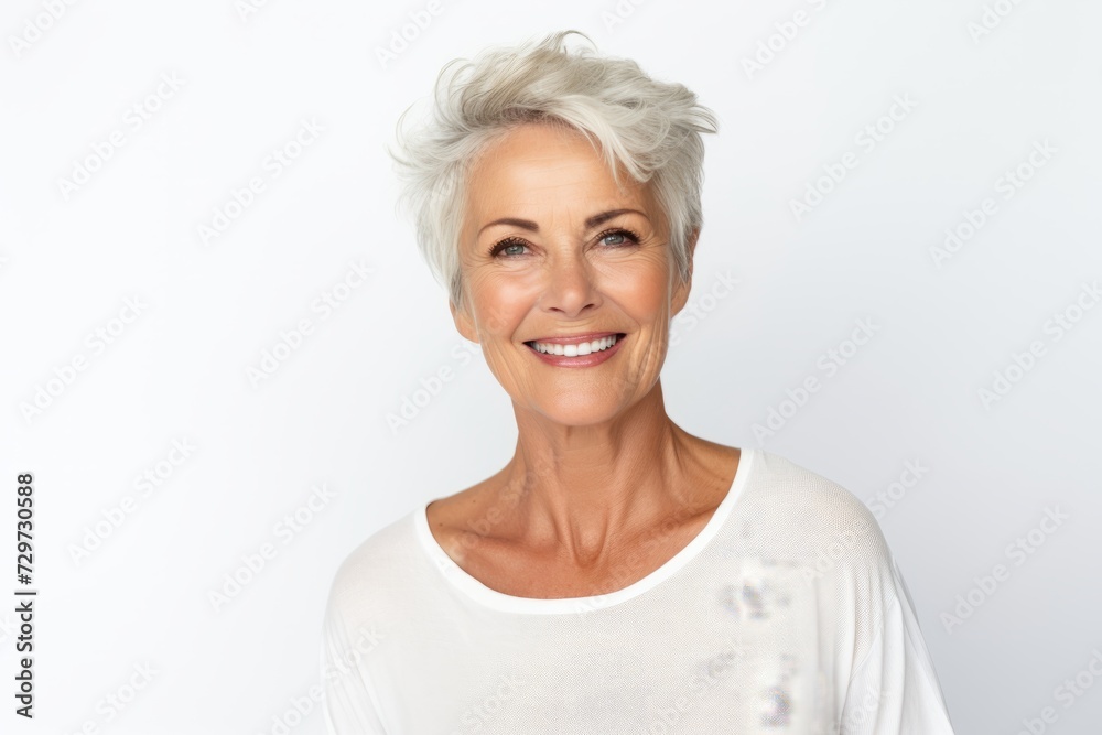 Portrait of a beautiful senior woman smiling at the camera against white background Portrait of a beautiful senior woman smiling at the camera against white background
