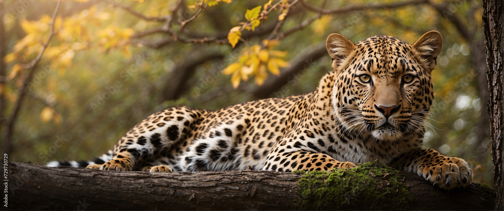 Obraz premium A leopard resting on top of a large tree, wild animals in their habitat.