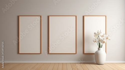 3D render Modern interiors empty room with plant vase and floor parquet . photo frame