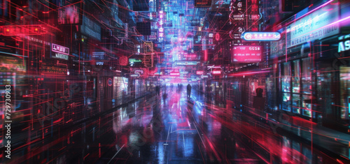 A neondrenched street lined with murky cybernetic stores and swirling holographic adver where the line between reality and fiction blurs.