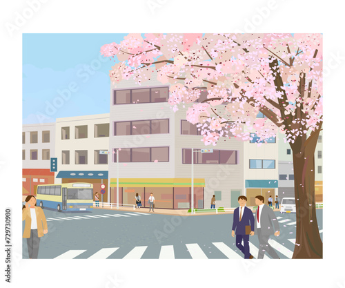春のオフィス街　交差点