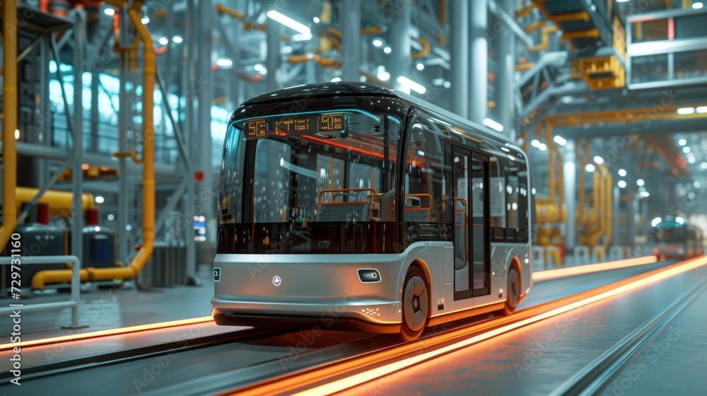 A detailed shot of a selfdriving shuttle bus equipped with 5G connectivity and advanced sensors navigating skillfully through a manufacturing plants complex and dynamic environment. A detailed shot of a selfdriving shuttle bus equipped with 5G connectivity and advanced sensors navigating skillfully through a manufacturing plants complex and dynamic environment.