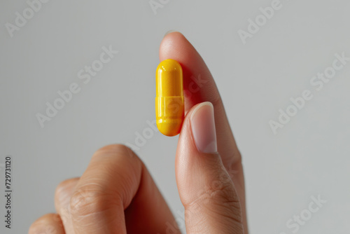 Hand holding yellow pill, healthcare: medicine, antibiotic, supplement