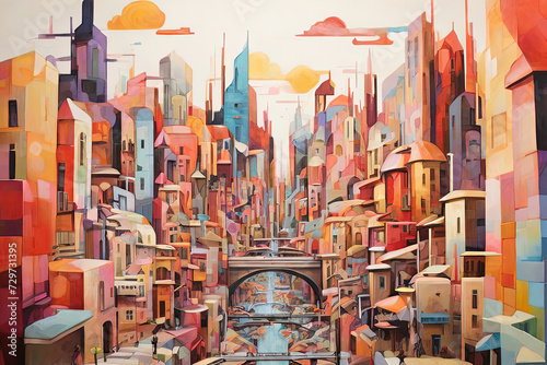 Dynamic cityscape painting. Bursting with colorful shapes, this artwork captures the energy and vibrancy of urban life.