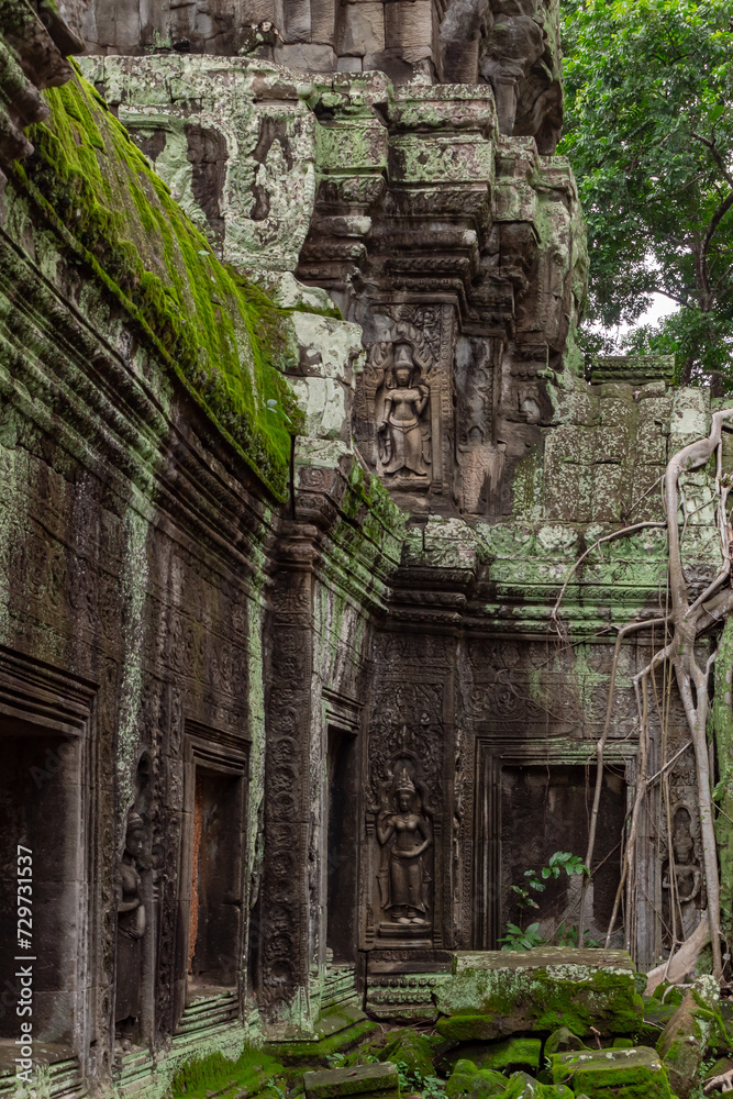 Naklejka premium Stone beautiful a pagoda temple ruin wall building architecture and moss covered rocks and bricks in Ta Prohm Tomb Raider Angkor Wat in Seim Reap Cambodia on a cloudy overcast day