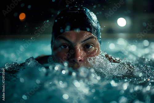 Triathlon fitness athlete in a gym wave pool. swimming training .Generative AI. © Phichitpon