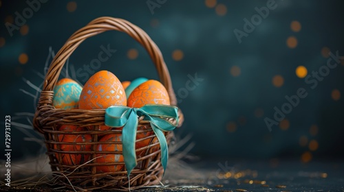 dark backdrop, Easter eggs in vibrant orange and turquoise, beautifully arranged in an Easter basket, adorned with a shimmering gold-navy blue ribbon