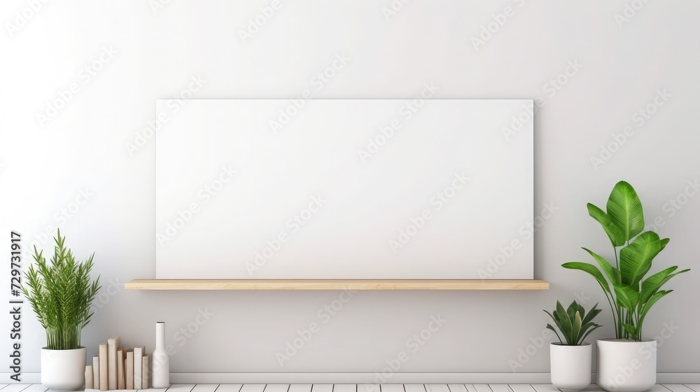 Interior mockup illustration with decor, 3d render, white wall with blank board Interior mockup illustration with decor, 3d render, white wall with blank board