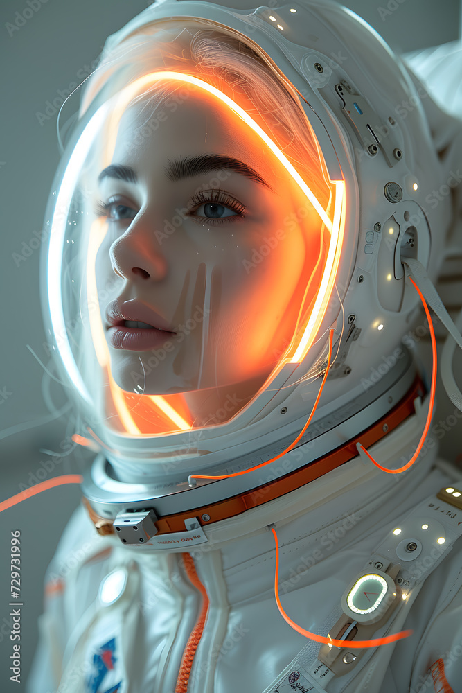 beautiful girl in spacesuit looking at camera while standing in futuristic space,Astronaut in Illuminated Space Helmet