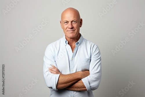 Handsome mature man with crossed arms looking at the camera while standing against grey background