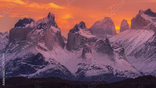 Vibrant Sunset colors over Torres del Paine National Park, Patagonia, Timelapse photo