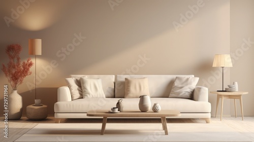 Interior of living room in off white color with a big soft sofa, a floor lamp, a wooden coffe table and a gold side table / 3D illustration, 3d render