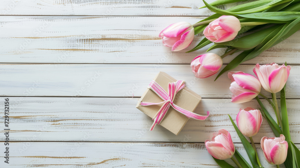 a bouquet of pink tulips and a wrapped gift box sitting on a white wooden table. The natural light illuminates the soft pink petals of the tulips and the crisp white box a bouquet of pink tulips and a wrapped gift box sitting on a white wooden table. The natural light illuminates the soft pink petals of the tulips and the crisp white box
