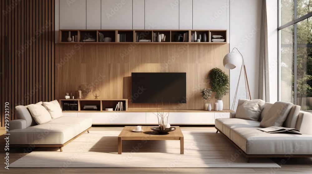 Living room interior design- 3d render white and brown colored furniture and wooden elements Living room interior design- 3d render white and brown colored furniture and wooden elements