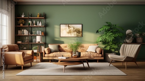 Living room interior design- 3d render beige, brown and green colored furniture and wooden elements © kashif 2158