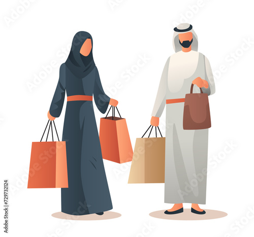 arab man woman couple in traditional clothes holding shopping bags season big sale special offer promotion discount