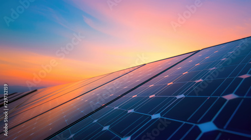 Close-up of a solar panel bathed in the warm glow of a sunset, with sunlight glinting off the photovoltaic cells. Colors include deep orange, red, purple, and blue hues