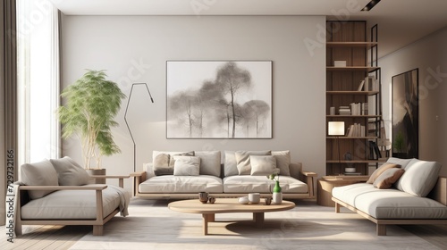 Living room interior design- 3d render with beige and gray colored furniture and wooden elements