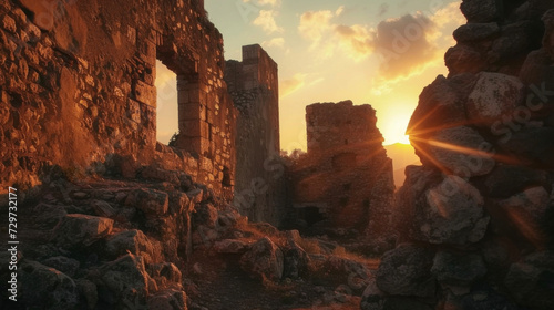 Stampa su tela The ruins of an ancient fortress its walls aglow in the fiery light of sunset