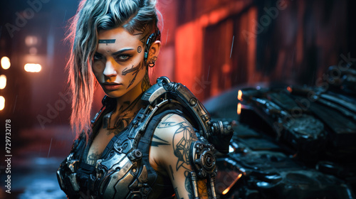 Cyborg woman with a robotic arm and a face tattoo