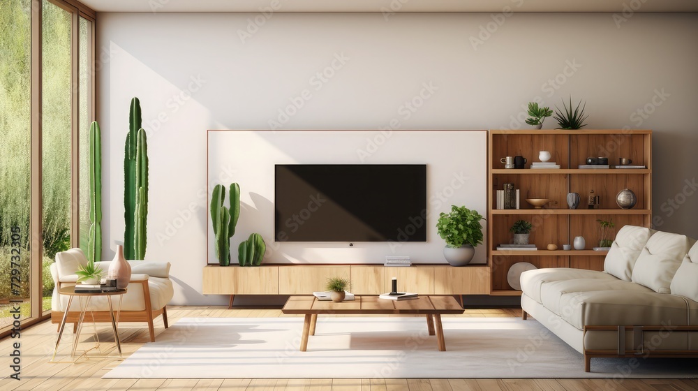 Fototapeta premium Living Room Interior With Smart Tv, Cabinet, Sofa, Cactus Plant And Coffee Table