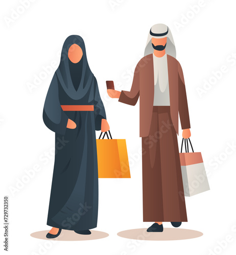 arab man woman couple in traditional clothes holding shopping bags season big sale special offer promotion discount