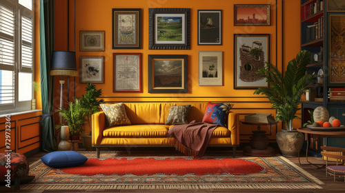 the yellow living room features many pieces of art and various frames