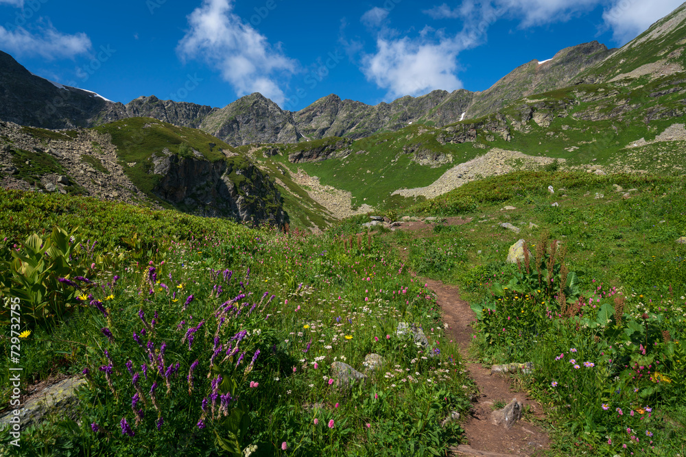 The valley of the Malaya Dukka River on the slopes of the Arkasar ridge in the North Caucasus and the tourist trail to the Dukka Lakes on a sunny summer day, Arkhyz, Karachay-Cherkessia, Russia