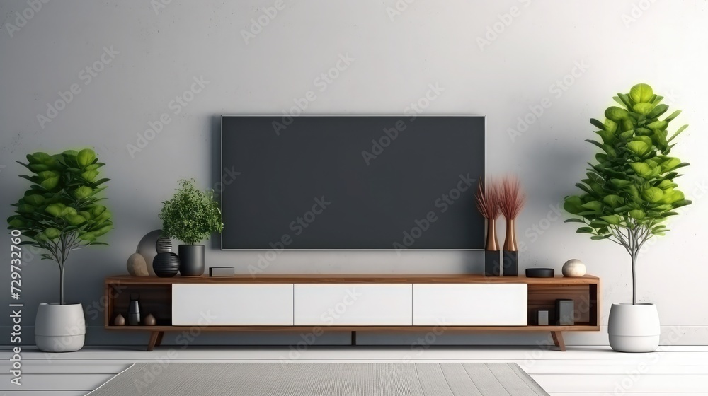 Mockup a TV wall mounted with decoration in living room and white wall.3d rendering Mockup a TV wall mounted with decoration in living room and white wall.3d rendering