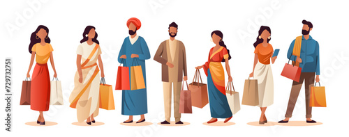indian people in traditional clothes holding shopping bags season big sale special offer promotion discount horizontal
