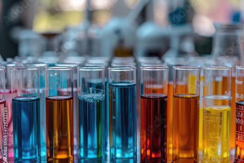 Chemical test tubes filled with a variety of colorful liquids on laboratory background