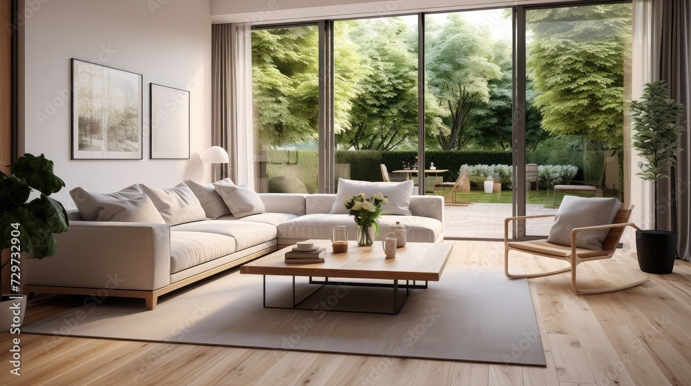 Modern Living Room Interior With Sofa, Coffee Table, Parquet Floor And Garden View From The Window