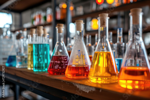 Chemical test tubes filled with a variety of colorful liquids on laboratory background