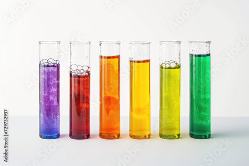 Chemical test tubes filled with a variety of colorful liquids on white background