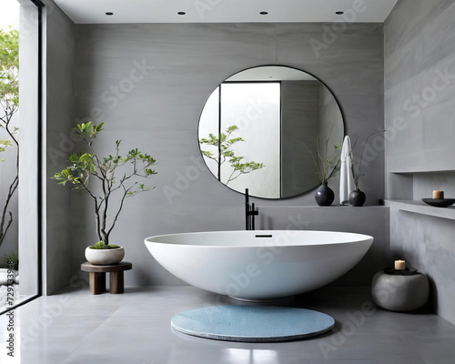 Minimalistic Patio - Serene Bathroom and Zen Garden with Reflective Surfaces Gen AI photo