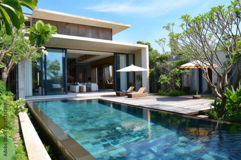 Exterior of modern minimalist cubic villa with swimming pool with tropical plants