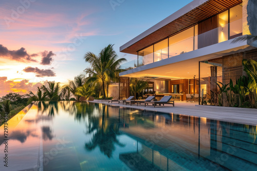 Exterior of modern minimalist cubic villa with swimming pool at sunset photo