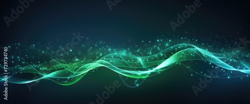 Abstract green wavy lines with dots particles and lighting on dark blue background. Vector illustration