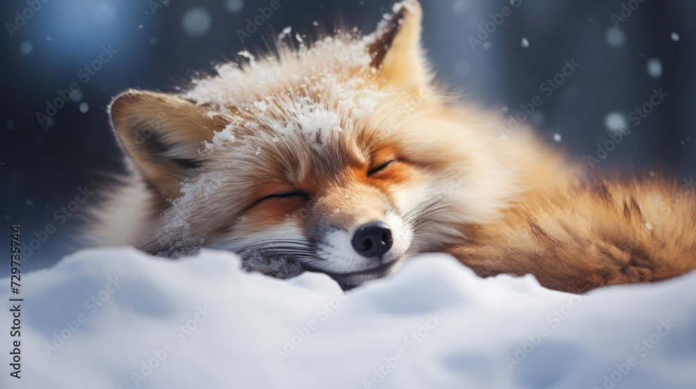 A Brown Fox is sleeping on the snow. Fox family with overly hungry faces in fox village, abstract background. beautiful scenery, perfection. A Brown Fox is sleeping on the snow. Fox family with overly hungry faces in fox village, abstract background. beautiful scenery, perfection.