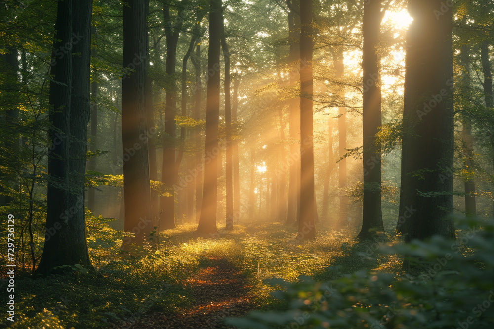 Fototapeta premium Incorporate sun rays into the greenery, capturing the energy of a beautiful woodland in the morning...
