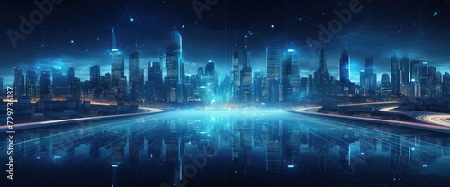 Cityscape on dark blue background with bright glowing neon. Technology city background