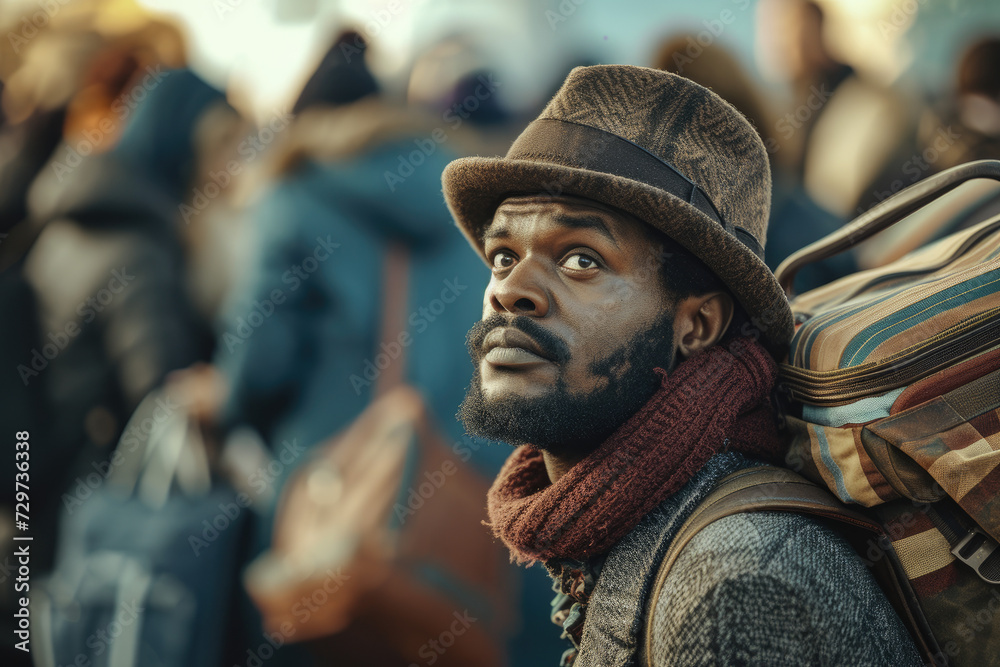 portrait of ethnic man loaded with luggage surrounded by people going for a journey or migration