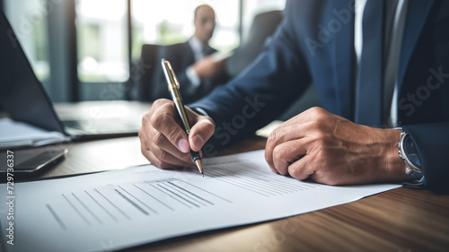 Close-up of a businessman's hands holding a pen and signing a document with another  © nextzimost
