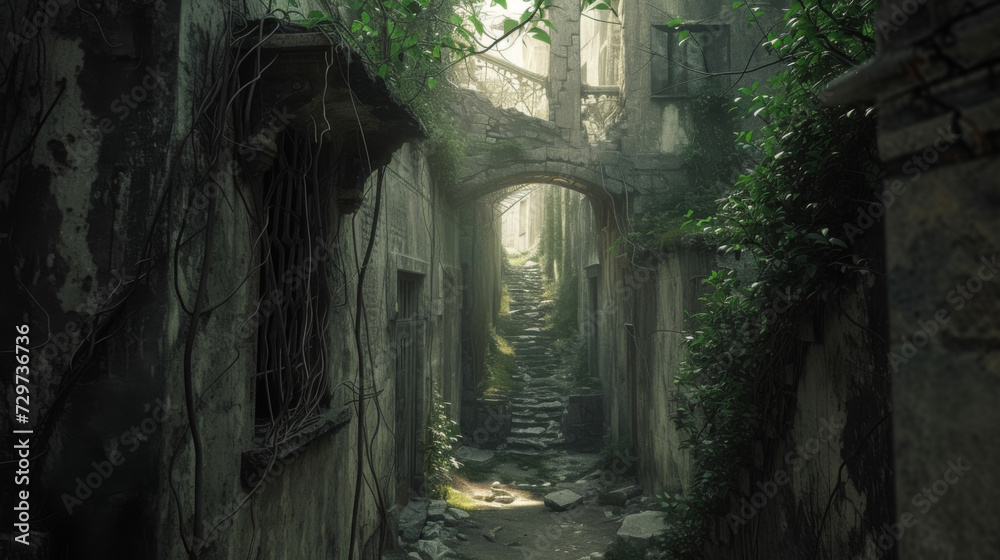 A labyrinth of abandoned alleyways and forgotten structures shrouded in overgrown vines and cracked concrete holds a mysterious allure in its neglected state.
