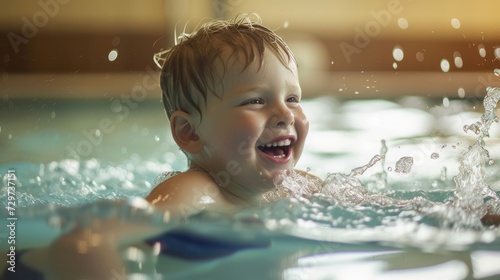 A young boy with a developmental delay joyfully splashing in a pool during aquatherapy. © Justlight