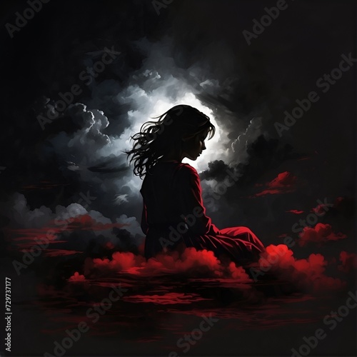 Silhouette, a girl sleeping in the clouds, moody sad dark atmosphere, black background, dark paintbrush, Red over black, 2D Generative AI