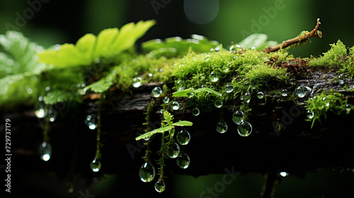 Rain-soaked moss on a tree trunk highlights the lushness and vitality of forest ecosystems