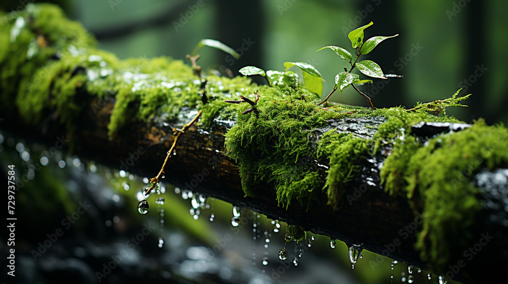 Rain-soaked moss on a tree trunk highlights the lushness and vitality of forest ecosystems Rain-soaked moss on a tree trunk highlights the lushness and vitality of forest ecosystems